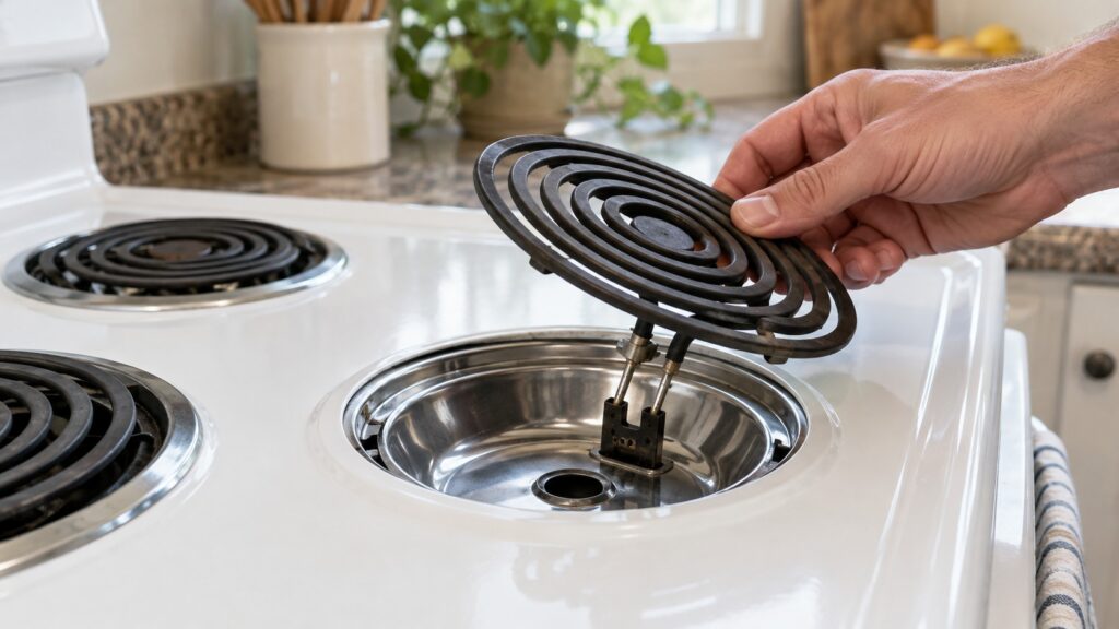 A plug-in coil element lifted out of its receptacle on a white electric range with the drip pan visible