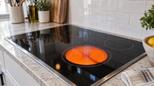 A black radiant glass cooktop with one element glowing evenly orange beneath the surface