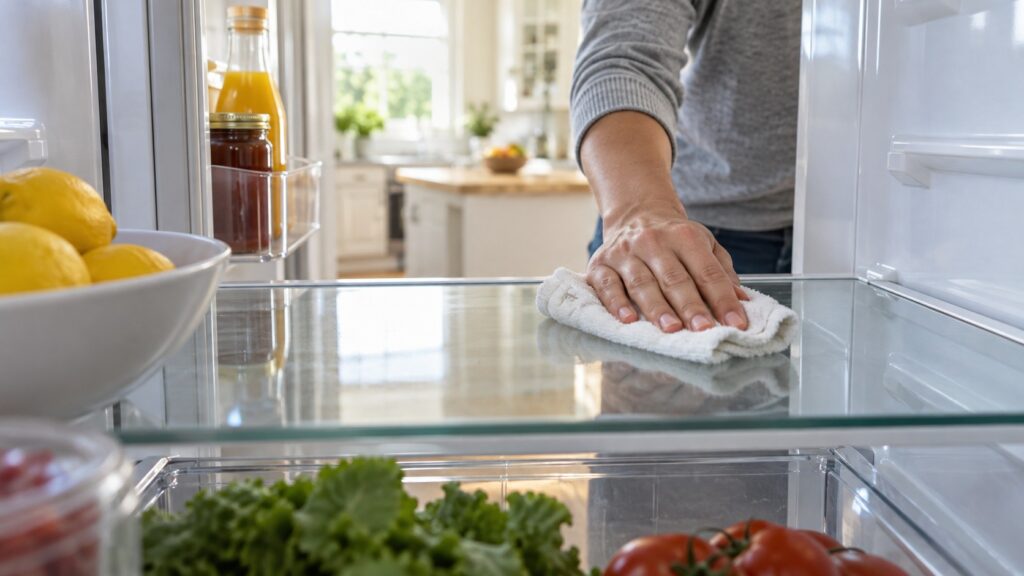 A hand wiping a glass refrigerator shelf with a cloth while the shelf remains in place inside the compartment