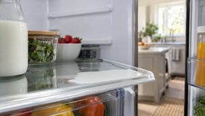 A glass refrigerator shelf with a raised edge holding a small pool of spilled milk without it running over