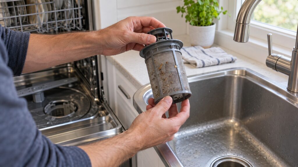 A cylindrical dishwasher filter lifted out of the well in the base of the tub and held over a sink