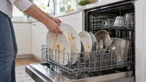 An open dishwasher part way through loading with scraped plates carrying visible residue in the lower basket