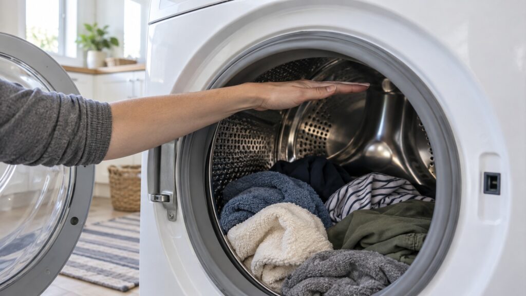A hand held flat in the gap between the top of a load of laundry and the inside of a washer drum