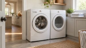 A white front-load washer and matching dryer standing side by side in a bright laundry room with folded towels on a counter