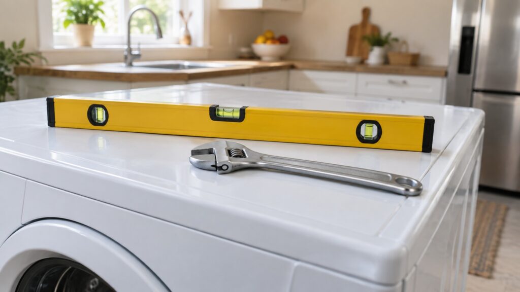 A spirit level laid across the top of a white washing machine with a wrench resting beside it