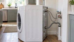 A white front-load washer pulled forward from the wall showing braided supply hoses and a drain hose behind it