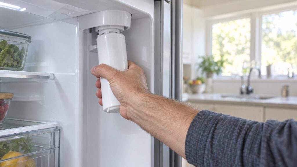 A hand twisting a cylindrical water filter cartridge out of its housing inside a refrigerator compartment