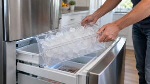 An open freezer drawer with a clear ice bin full of fresh cubes lifted partly out of its rails