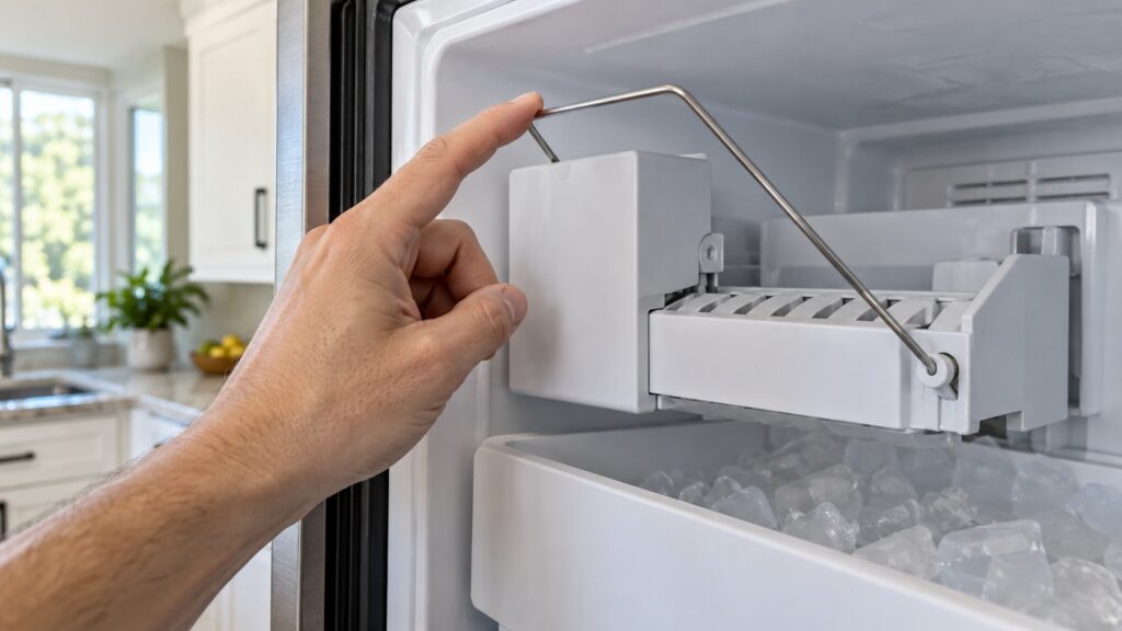 A finger lifting the wire bail arm on the side of a freezer ice maker module