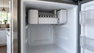 An ice maker module mounted on the wall inside a freezer compartment with the bin removed below it