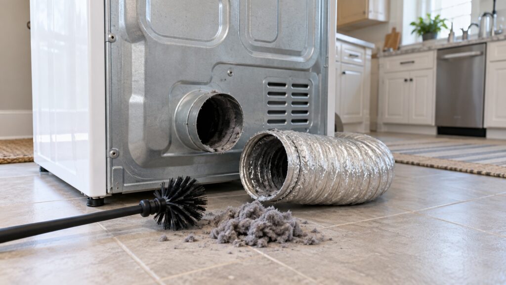 A flexible dryer vent duct disconnected from the back of a dryer with a brush and collected lint beside it