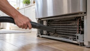 A vacuum crevice tool held against the condenser coils behind the base grille of a refrigerator
