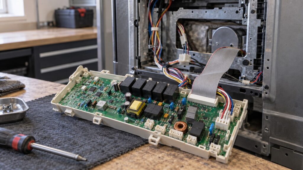 An electronic range control board removed from the rear of an appliance with its ribbon connector and wiring plugs visible