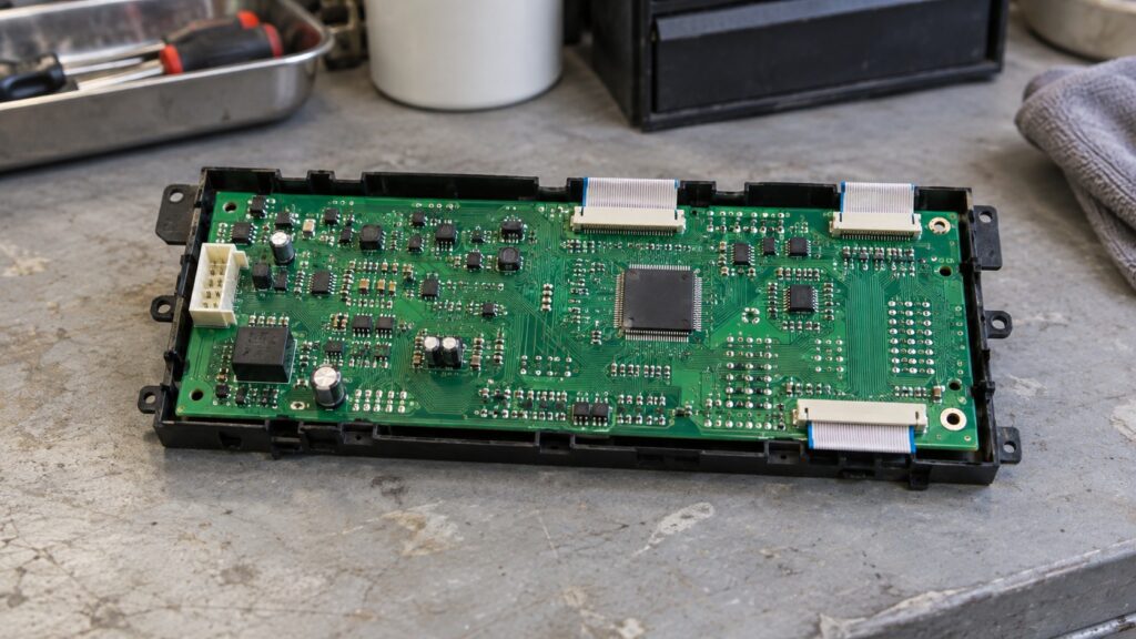 An electronic range control module lying on a work surface with its memory chip and ribbon sockets visible on the green circuit board