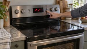 A freestanding electric range with F1 E0 showing on the digital display while a hand reaches toward the Cancel button