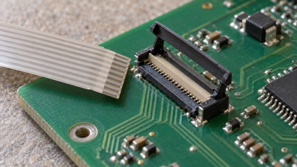 A flat keypad ribbon cable and its socket on a control board photographed close up with the retaining latch open