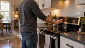 A home kitchen seen from the side with a person standing at an electric range and resting one hand on its control panel, the rest of the room in soft focus