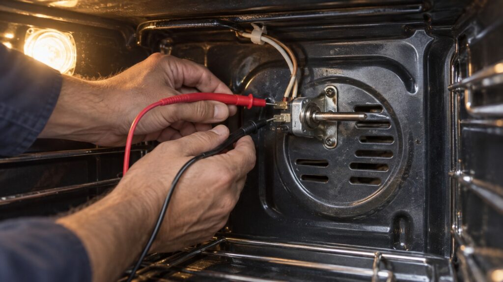 An oven temperature sensor probe mounted on the rear wall of an oven cavity with a multimeter lead touching its terminal