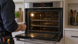 A built-in wall oven with the door open and F3 E0 showing on the control display above the cavity