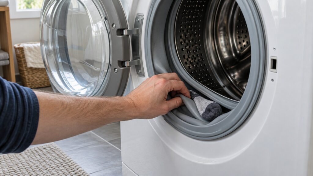 A hand reaching into the rubber door bellows of a front-load washer where a single sock is caught in the fold
