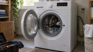 A front-load washer with rL showing on its display and the door standing slightly open
