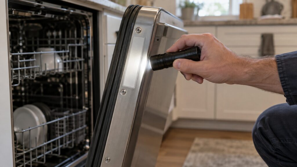 A rating tag on the open door edge of a dishwasher with a hand holding a flashlight across it