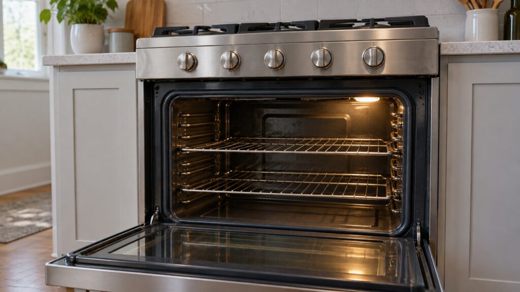 An open oven door on a gas range, showing empty racks and interior guides for pan placement