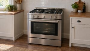 A freestanding gas range with a five-burner cooktop and a full-size oven, standing against a kitchen wall