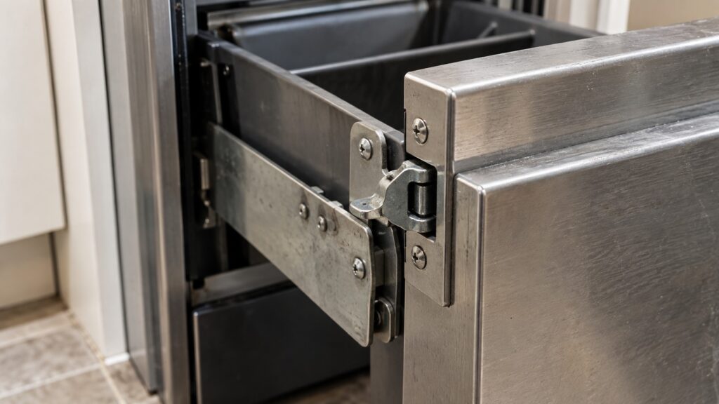 A close view of the latch mechanism on the front panel of a trash compactor drawer