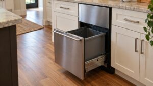 A built-in trash compactor with its front drawer pulled open, tucked under a kitchen counter