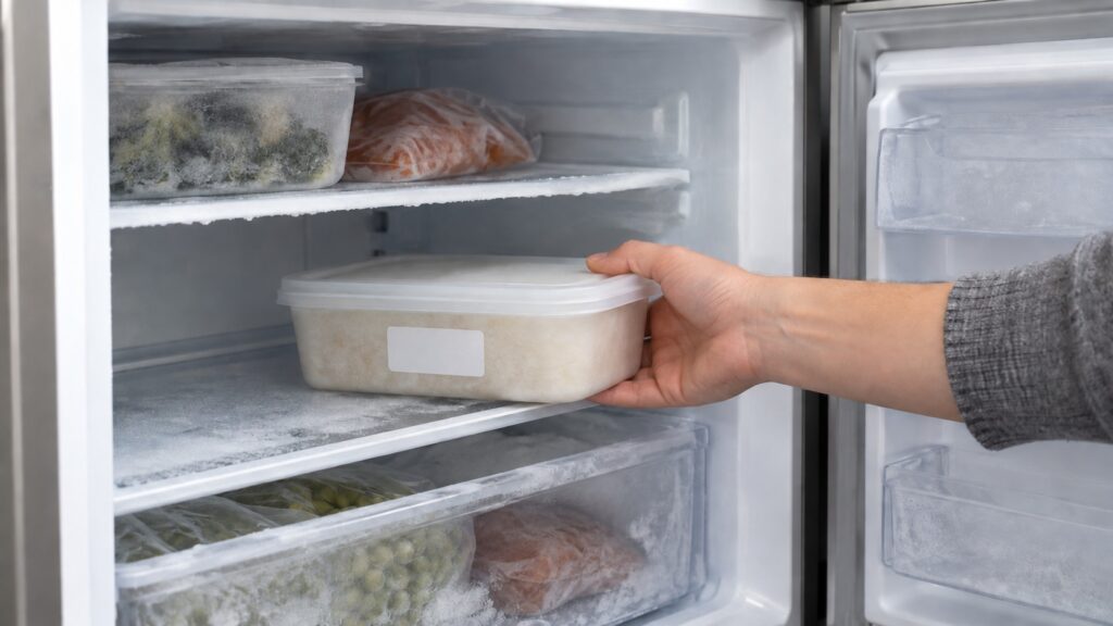 A hand placing a labeled container onto an open freezer shelf