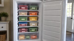 An open upright freezer showing flat open shelves stocked with labeled containers