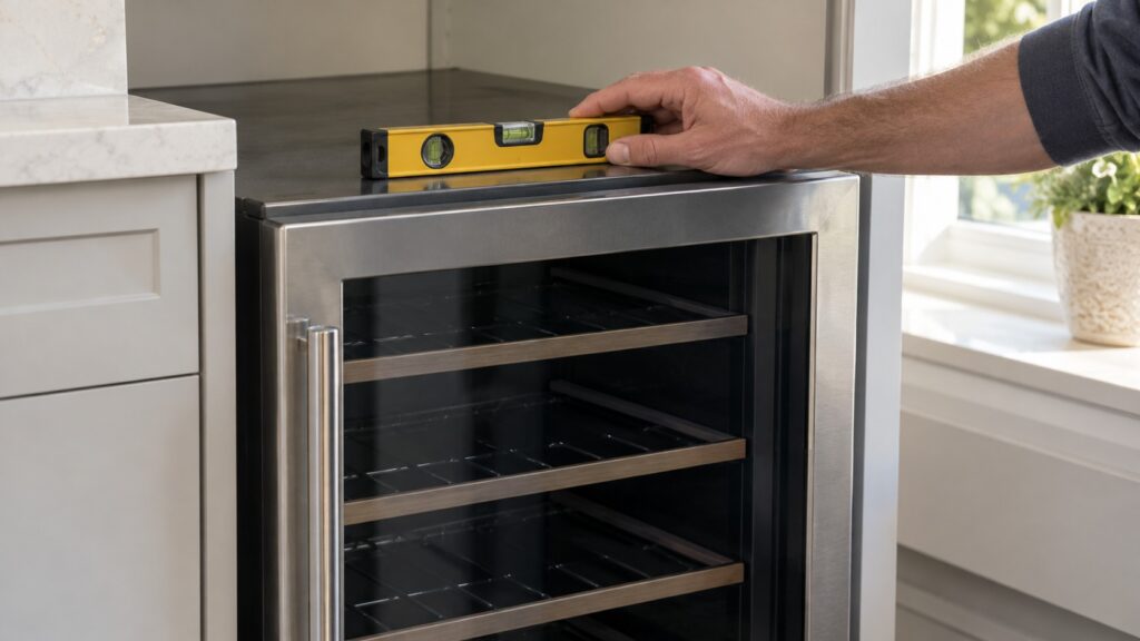 A hand checking a small level tool placed on top of a wine cooler during installation