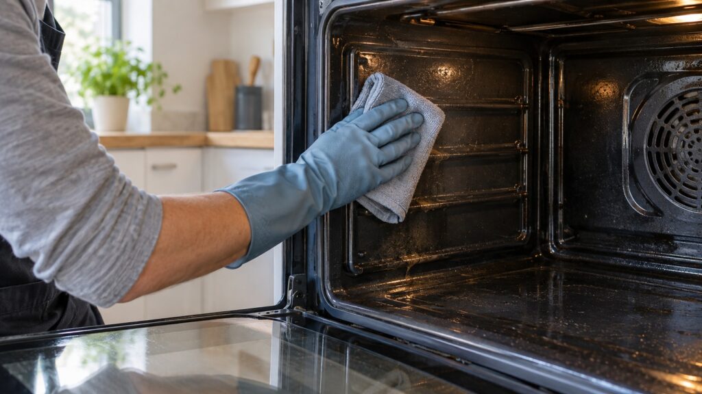 A hand in a rubber glove wiping the interior wall of an oven with a damp cloth