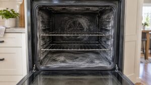 An open oven with a light ashy residue visible on the interior walls after a cleaning cycle