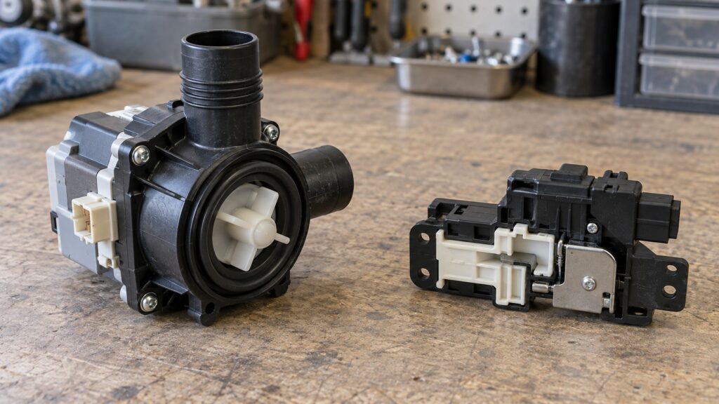 Two different dishwasher parts, a drain pump and a door latch assembly, laid side by side on a workbench