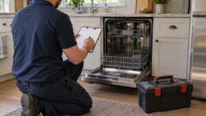 A technician writing on a clipboard beside an open dishwasher in a kitchen, a second toolbox already on the floor