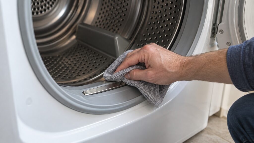 A cloth wiping a small metal sensor strip mounted just inside a dryer drum opening