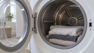 An open dryer drum interior with a load of folded towels partially visible inside