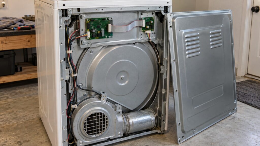 A rear cabinet panel of a dryer removed, showing two small circuit boards connected by a ribbon cable