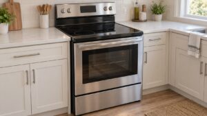 A stainless freestanding electric range with a smooth glass cooktop in a bright kitchen