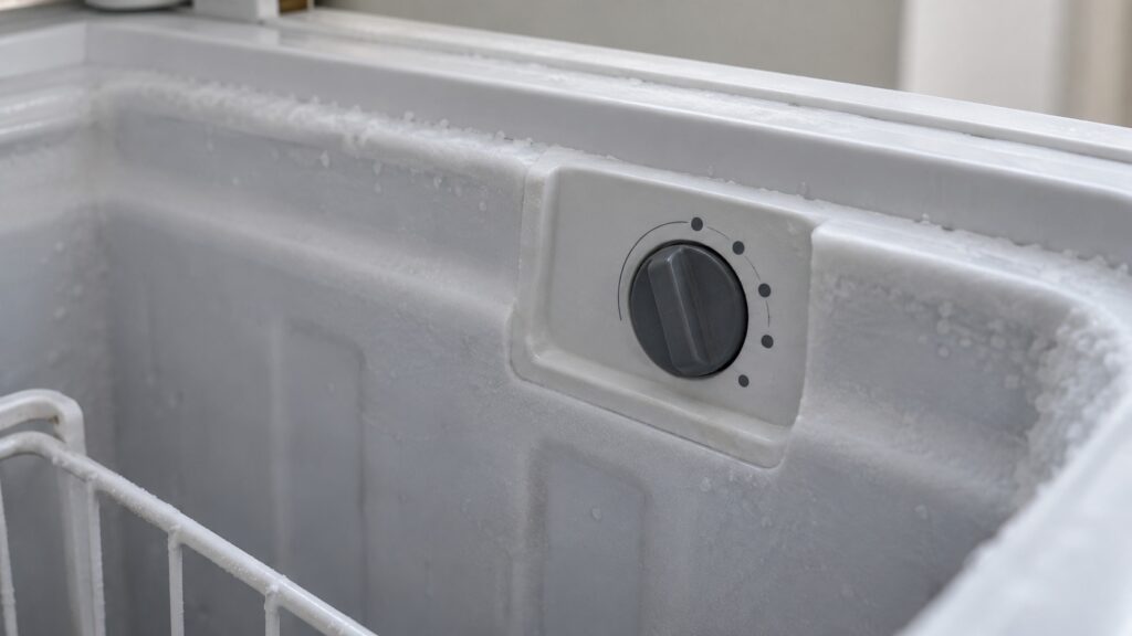 The temperature dial on the inside rim of a chest freezer