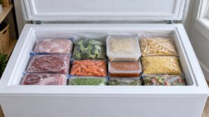 A white chest freezer standing open with neatly stacked frozen food packages