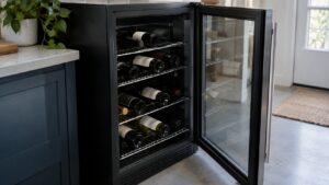 A single-zone wine cooler with a glass door and bottles lying on wire shelves