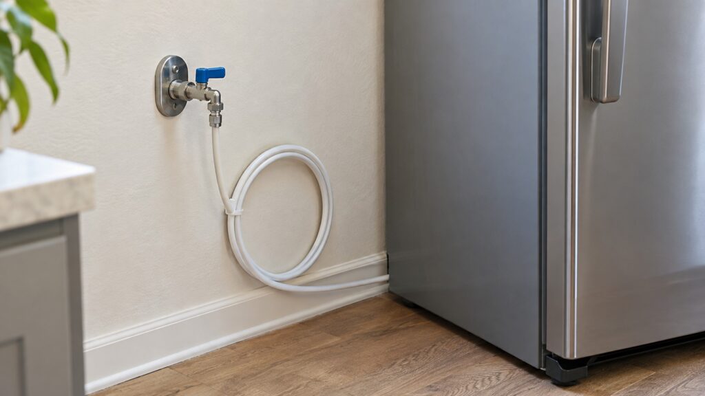 A small shutoff valve on a wall with a coiled water tube leading toward a refrigerator