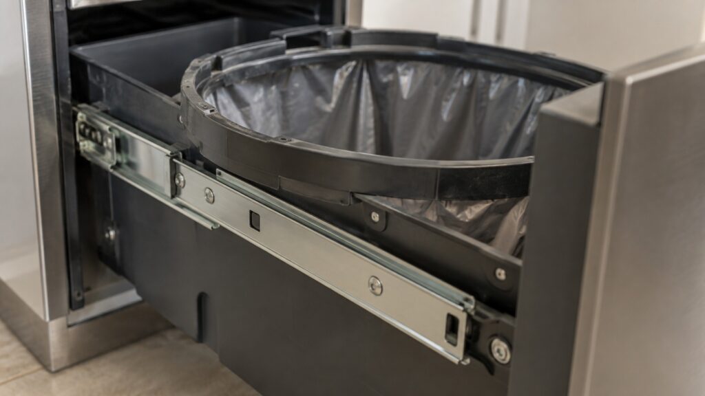 The drawer rail and bag ring of a trash compactor seen up close