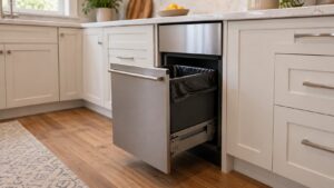 A built-in trash compactor with its drawer pulled open and a bag inside