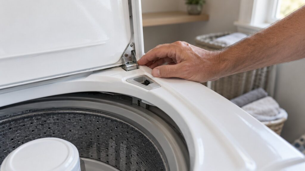A hand resting on the lid hinge and lid lock area of a top-load washer