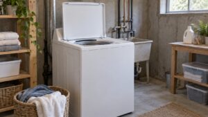 A white top-load washer with its lid raised in a basement laundry area
