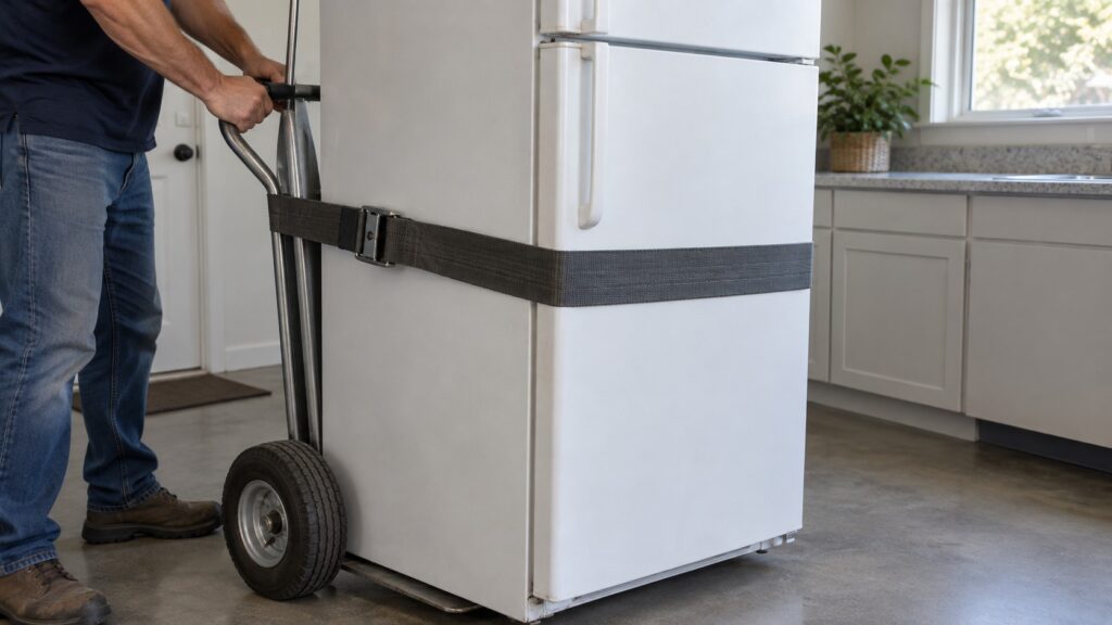 A hand truck strap securing a closed refrigerator door
